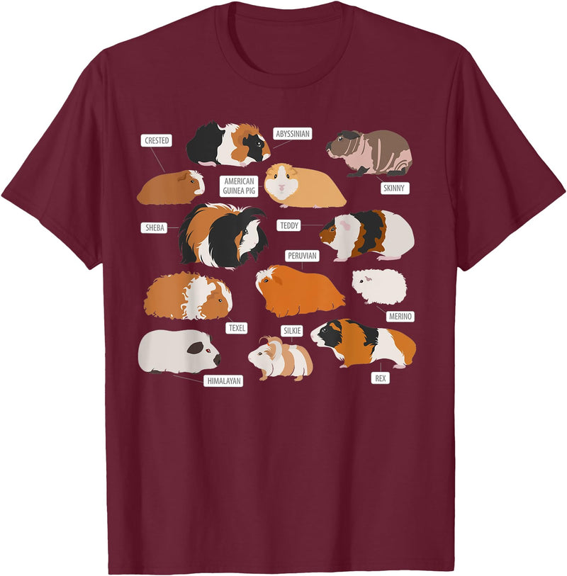 Guinea pig breeds Shirt Shirt Costume Clothing Tee Guinea pig breeds Shirt Shirt Costume Clothing Accessories T-Shirt - Burgundy