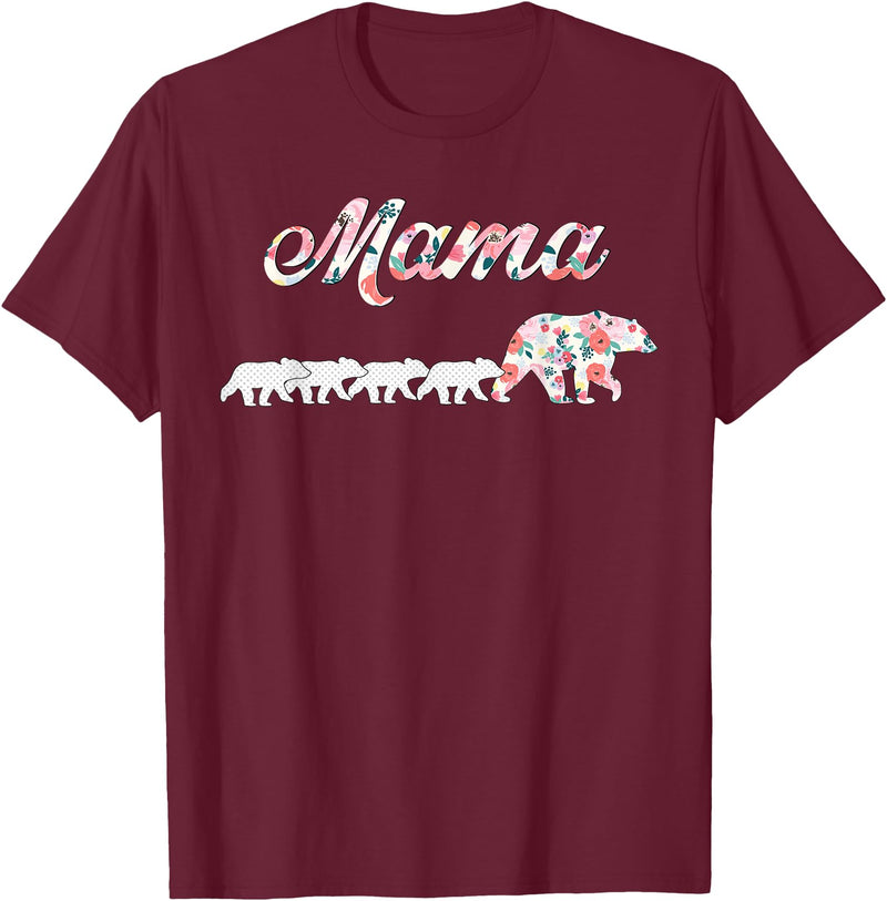 Wildflower Tee Co. Floral Mama Bear, Mom of 4 Shirt, Mama Bear and 4 Cubs T-Shirt - Burgundy