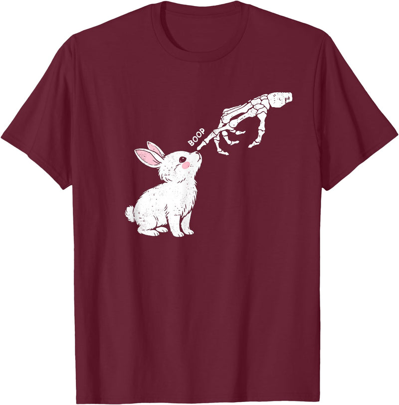 Cute Skeleton Hand Boop Bunny Rabbit Funny Easter Day T-Shirt in Burgundy