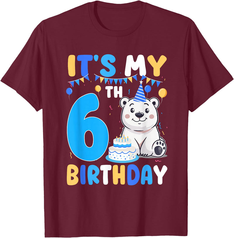 6th Birthday Polar Bear Lover Gift It's My 6th Birthday Polar Bear Themed Party 6 Year Old T-Shirt - Burgundy