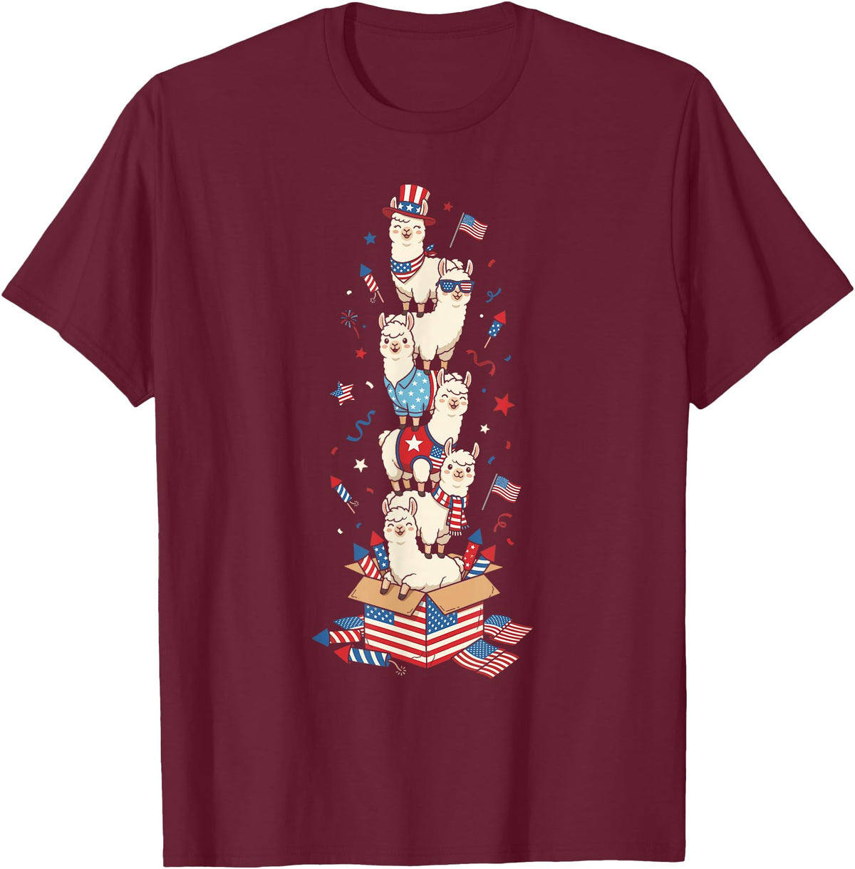 Llama Lovers USA Patriotic Outfits for Women Men Funny Llama American USA Flag Memorial Day 4th of July T-Shirt - Burgundy