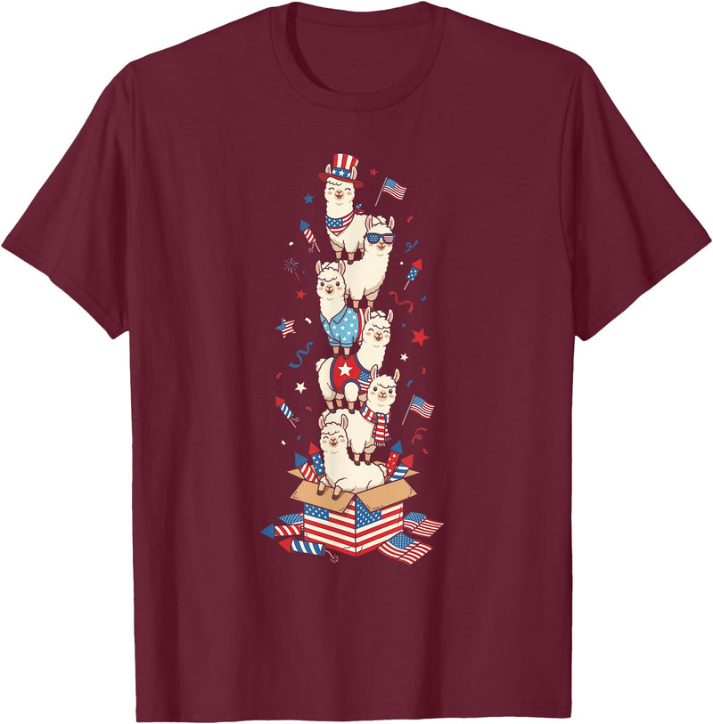 Llama Lovers USA Patriotic Outfits for Women Men Funny Llama American USA Flag Memorial Day 4th of July T-Shirt - Burgundy