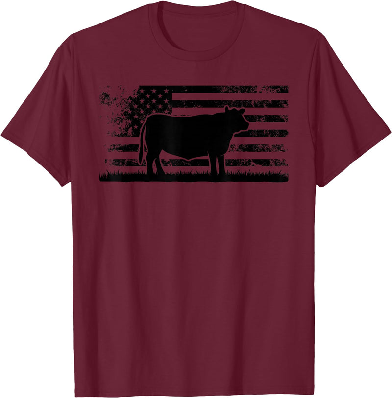 Funny Red Angus Rancher Gift for Cattle Lover USA American Flag - America Cow Red Angus Rancher T-Shirt - Burgundy