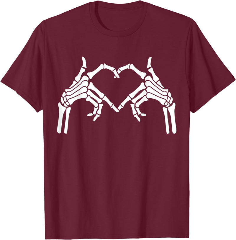 Skeleton Hand Halloween Trendy Novelty Graphic Art Skeleton Hands Heart Sign Halloween Tops T-Shirt - Burgundy