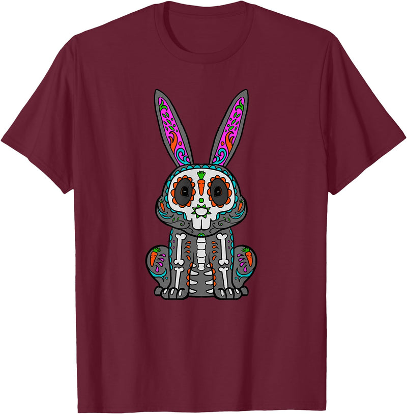 Rabbit Day of Dead Mexican Bunny Lover Rabbit Sugar Skull T-Shirt in Burgundy