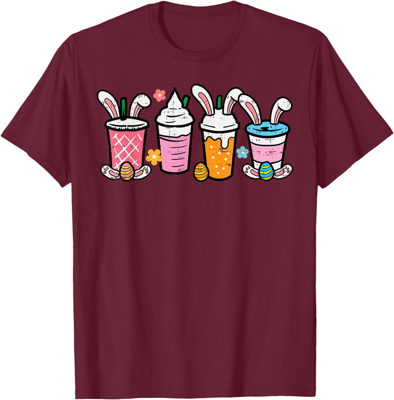 Easter Coffee Iced Latte Bunnies Cute Rabbit Men Women Kids T-Shirt in Burgundy
