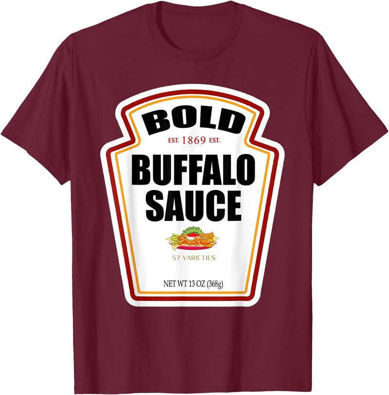 Funny Bottle Label Halloween 2024 Condiment Outfit Bold Buffalo Sauce Bottle Label Funny Halloween Costume T-Shirt - Burgundy