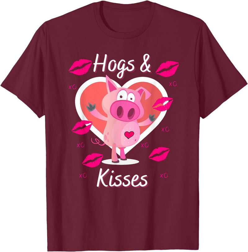 Love Heart Hogs & Kisses Funny Pig Pun on Hugs & Kisses T-Shirt - Burgundy