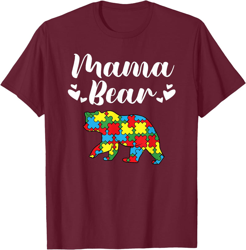 Mama Bear Autism Awareness Mom Puzzle Clothing Co Autism Awareness Mama Bear Proud Autistic Mom T-Shirt - Burgundy