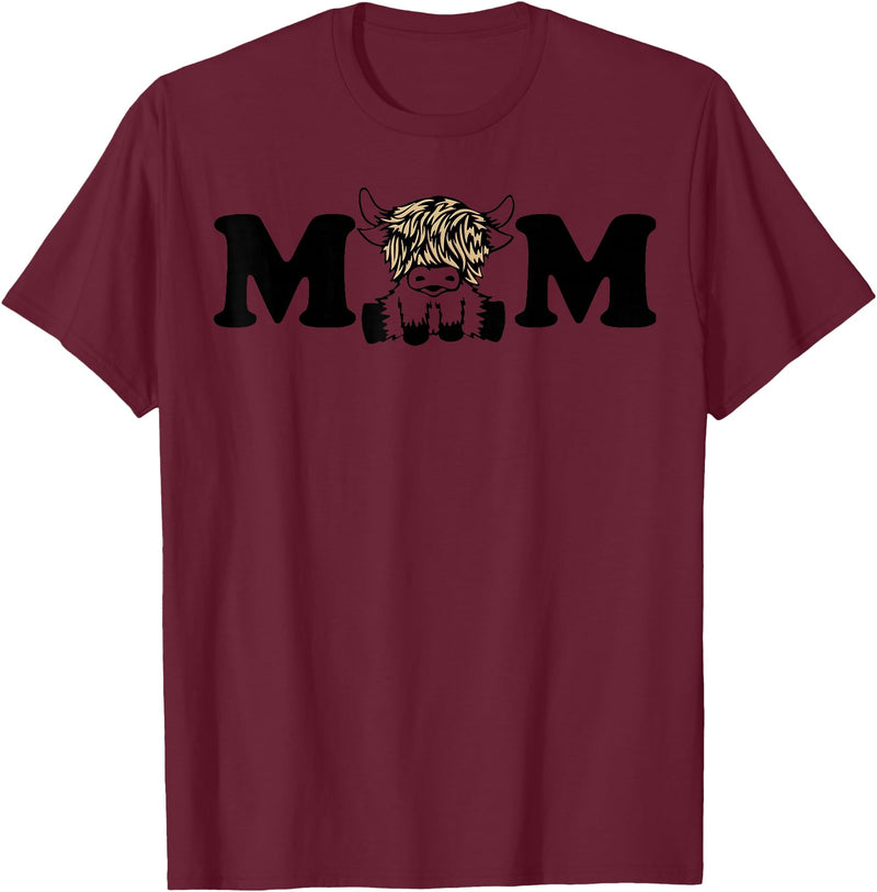 Highland Cattle Corner Messy Bun Life Hair Glasses highland cow mom T-Shirt - Burgundy