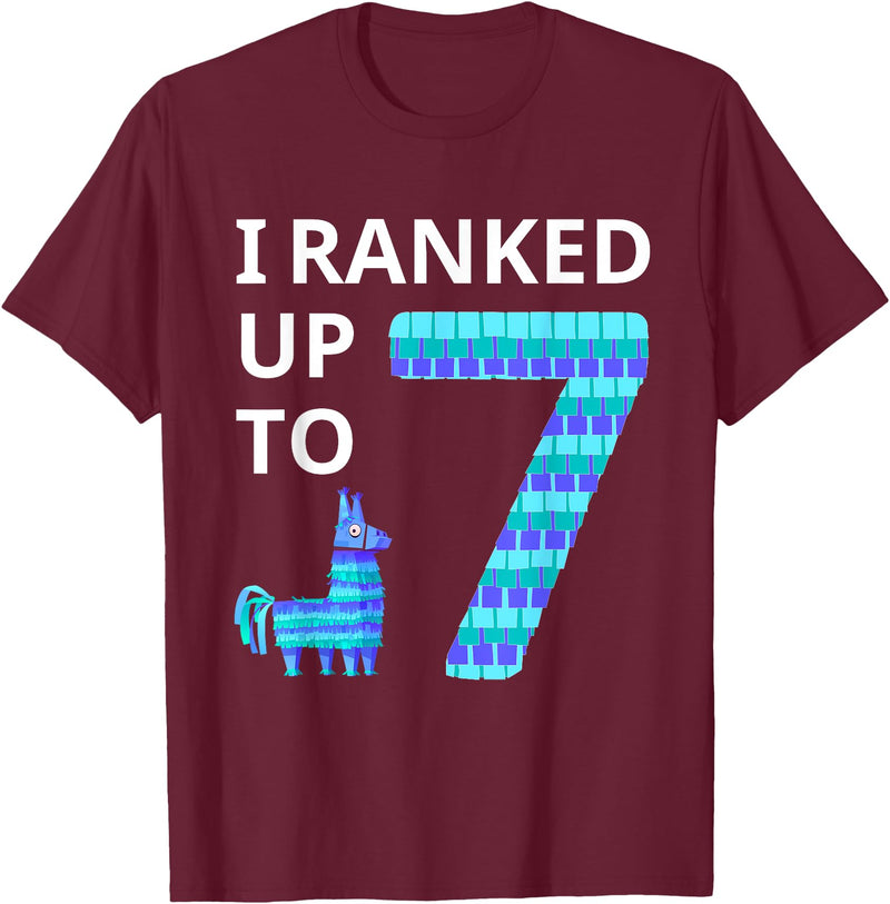 I Ranked Up to 7 Birthday Video Game Llama Piñata Birthday T-Shirt - Burgundy