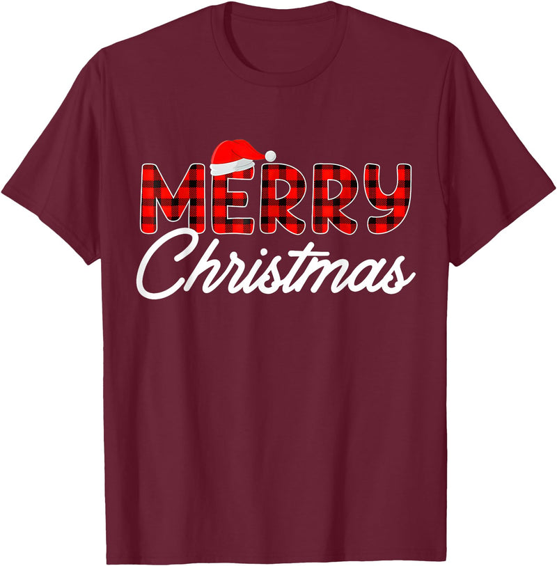Merry Christmas Buffalo t -shir t Merry Christmas Buffalo Plaid Red Santa Hat Xmas Pajamas T-Shirt - Burgundy