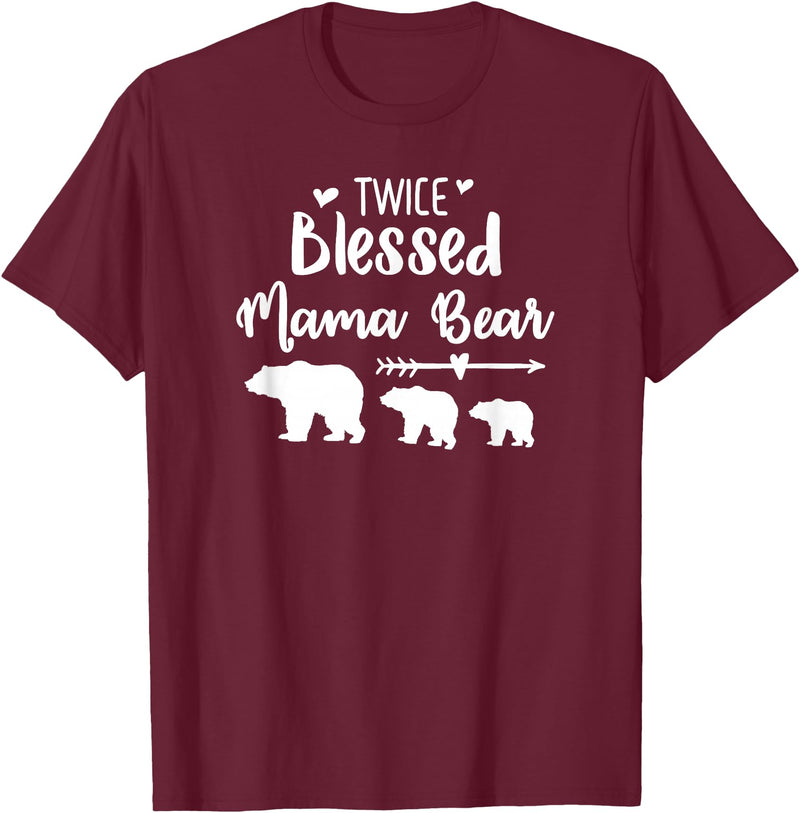 My Tribe Bear Shirts Twice Blessed Mama Bear With Two Baby Cubs Bear Shirt T-Shirt - Burgundy