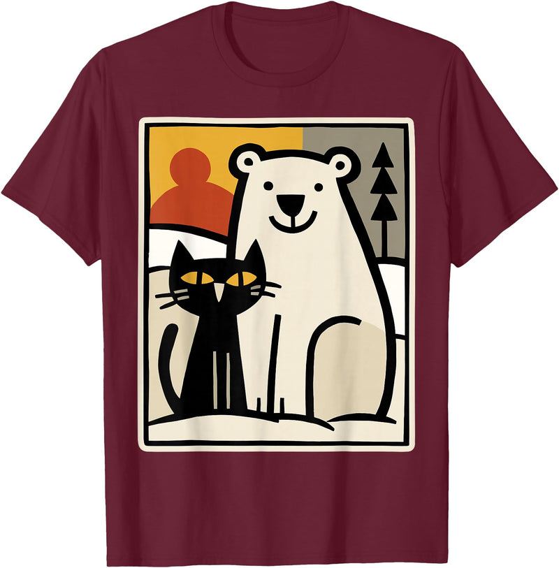 Utschki Bratschki Black Cat and Polar Bear Winter Animal Cute Snow Art T-Shirt - Burgundy