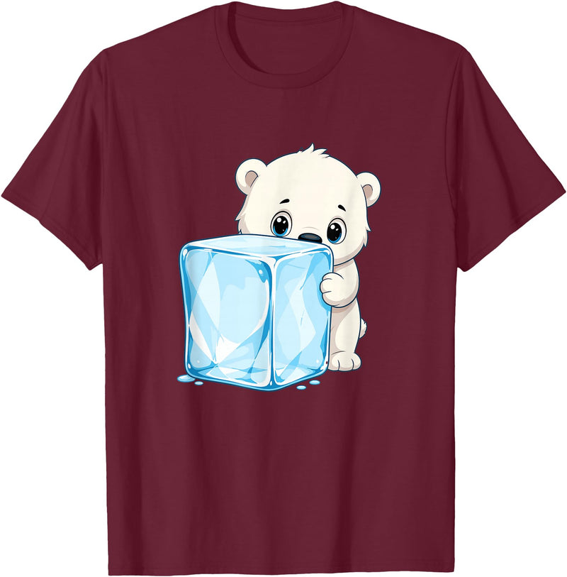 Cute Polar Bear Ice Cube Arctic Kawaii Adorable Baby Polar Bear Hugging Big Ice Cube T-Shirt - Burgundy