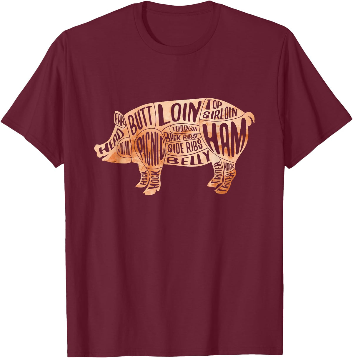 Zone - 365 Pig Pork Diagram Cuts Pig Cuts Butchers And Bacon Parts Pig Day Lovers T-Shirt - Burgundy