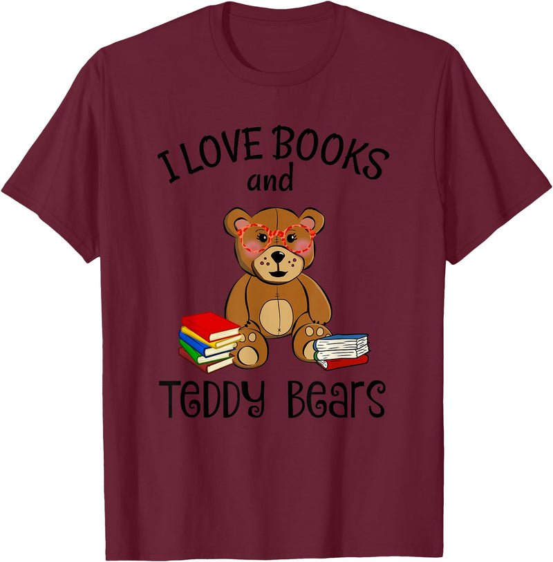 Teddy Bears, Cute Teddy Bear Lover Gifts Adorable Teddy Bear Love Books and Teddy Bear Reading T-Shirt - Burgundy