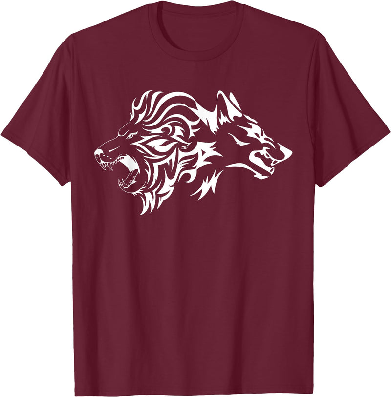 Wilder Löwe und Wolf von FT Designs Wild Lion and Wolf T-Shirt - Burgundy
