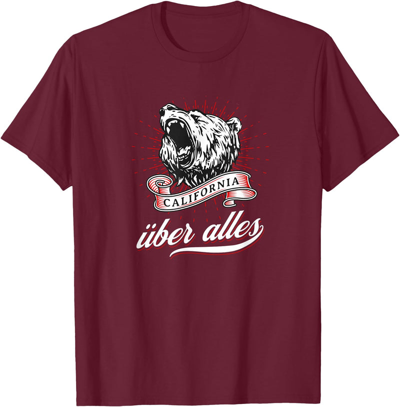 Not Quite Right California Über Alles with Roaring Grizzly Bear T-Shirt - Burgundy