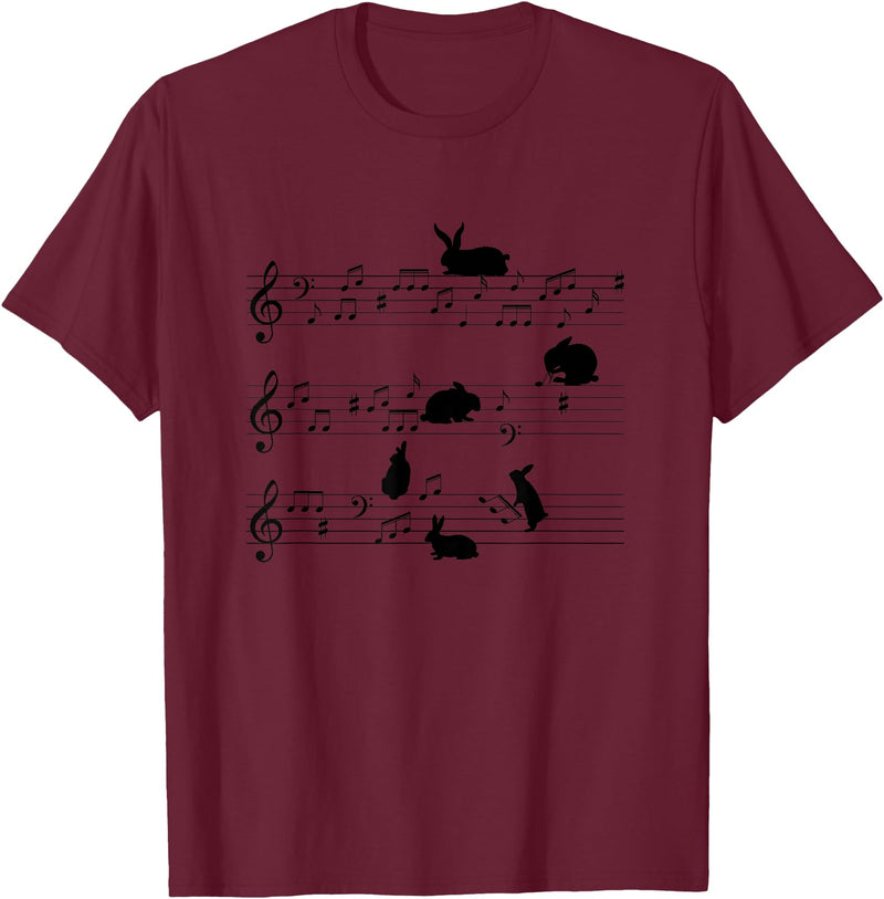 Cute Bunny Rabbit Playing Music Notes Musician T-Shirt in Burgundy