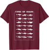 I Love Sharks Design T-Shirts 360 21 Types of Shark | Marine Biology Gift T-Shirt - Burgundy