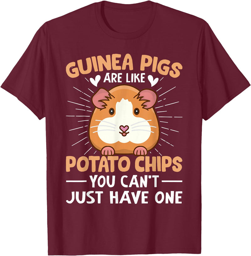 Funny Guinea Pig Gifts For Women Men Kids by DMTRY Guinea Pigs Are Like Potato Chips You Can't Just Have One T-Shirt - Burgundy