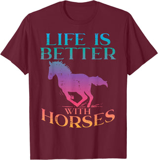 Horse Riding Shirts Women Girls Equestrian Gifts Life Is Better With Horses Rider Equestrian Men Women T-Shirt - Burgundy