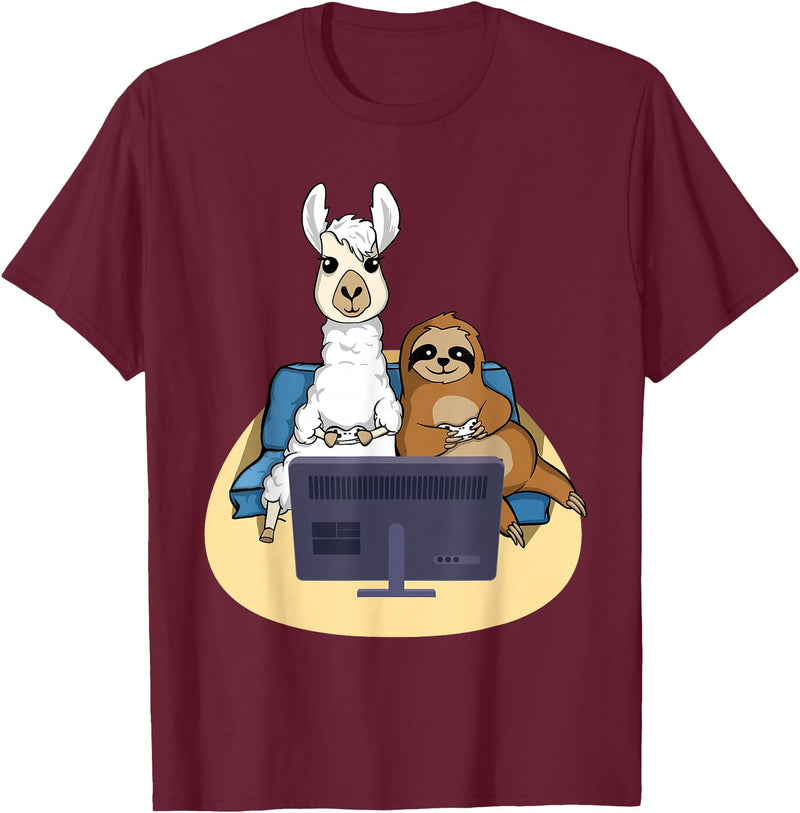 Funny Llama Shirts Sloth And Llama Gamer - Zookeeper Zoo Animal Lovers T-Shirt - Burgundy