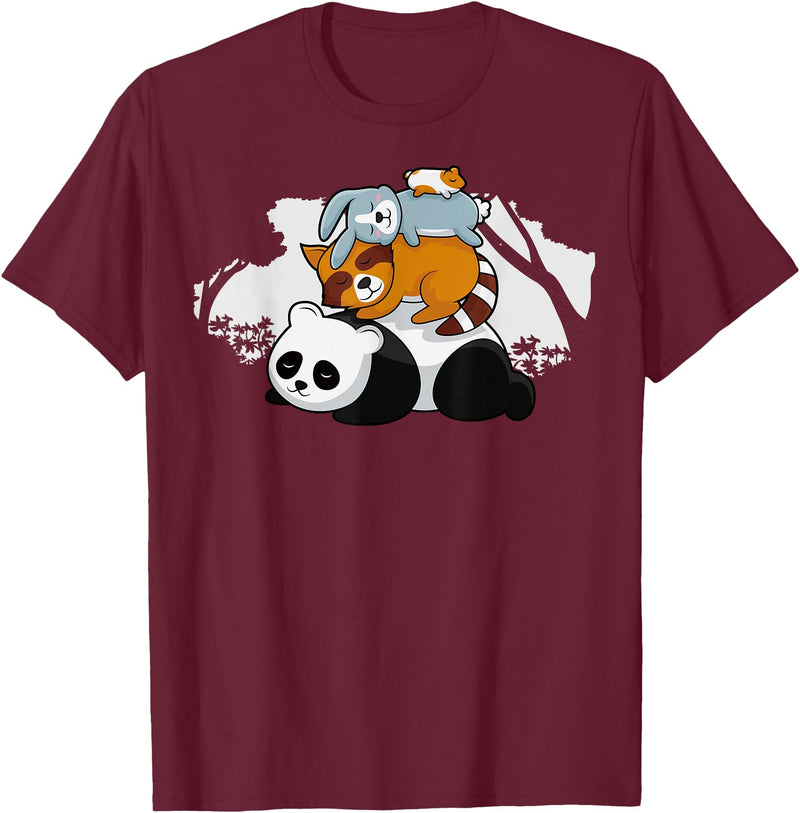 Panda Raccoon Rabbit Hamster Pyramid Cute Sleeping Animals T-Shirt in Burgundy