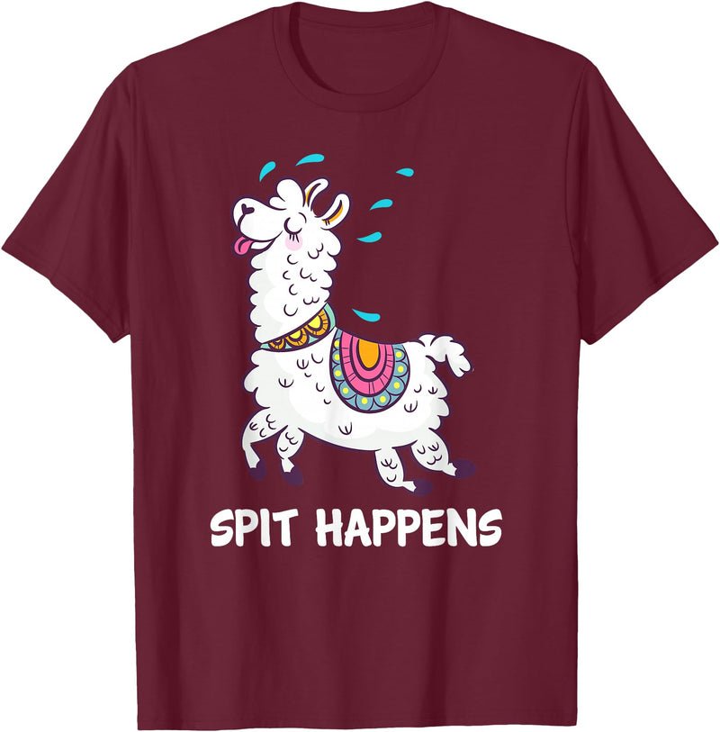 Funny Llama Pun by DSMD Spit Happens Llama Alpaca Lovers Funny Animal Pun T-Shirt - Burgundy