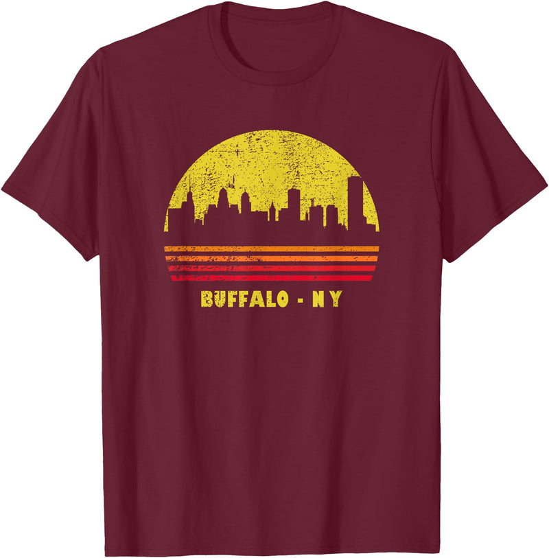 Wowsome! Vintage Retro Sunset Buffalo NY Skyline T-Shirt - Burgundy