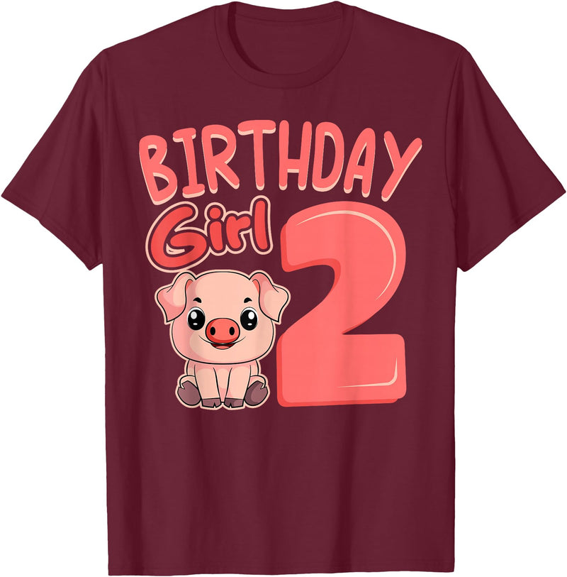 Pig Birthday 2 Cute Girl Farm Party Apparel Pig 2nd Birthday Girl Party Oink Farm Hog Farmyard Piggy T-Shirt - Burgundy
