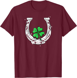 Lucky Clover Horses Co Horseshoe Lucky Four Leaf Clover Horse T-Shirt - Burgundy