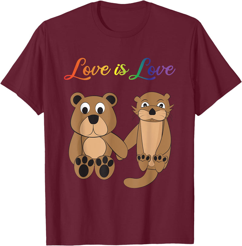 Kaisi-LGBT Gay Bi Gay Lesbian Otter Csd Queer Love Is Love Bear, Otter, Rainbow LGBT Diversity Drawing T-Shirt - Burgundy