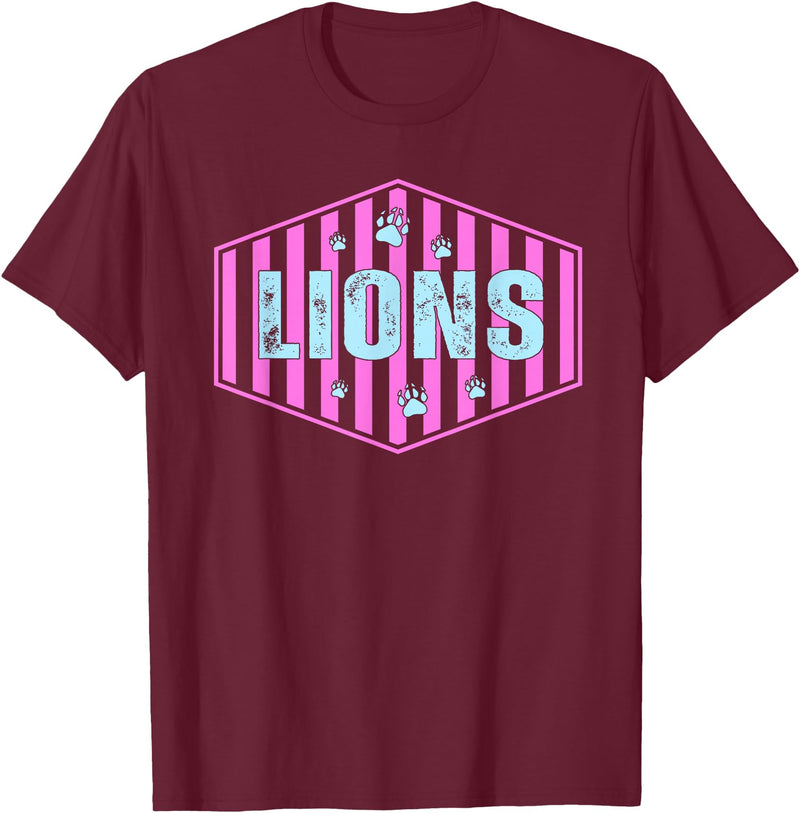 Striped Tie Dye Lion Girls Lunch Lady Librarian Lions Mascot Back to School Spirit Sport Women Teachers T-Shirt - Burgundy