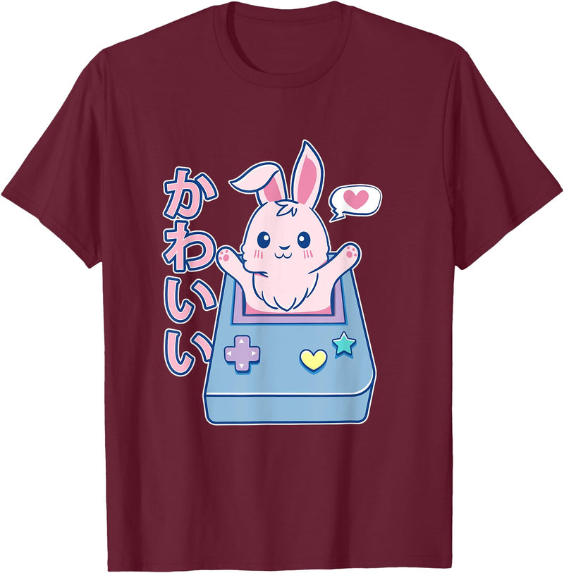 Kawaii Gamer Bunny - Rabbit Pastel Cute T-Shirt in Burgundy