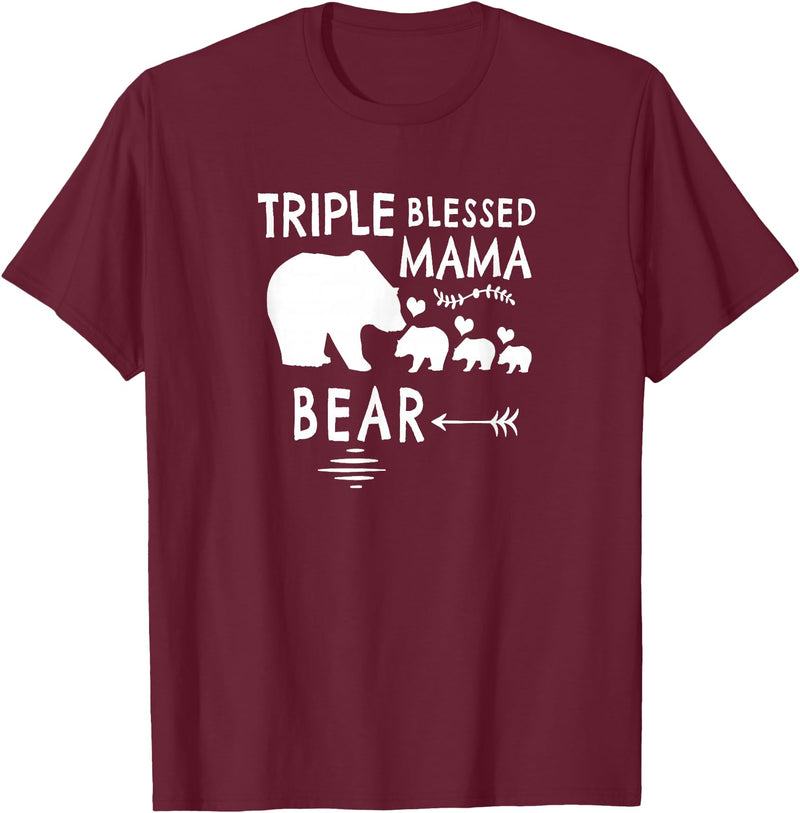 The Mothers Day Shirt Co. Triple Blessed Mama Bear Shirt For Moms With Three Kids T-Shirt - Burgundy