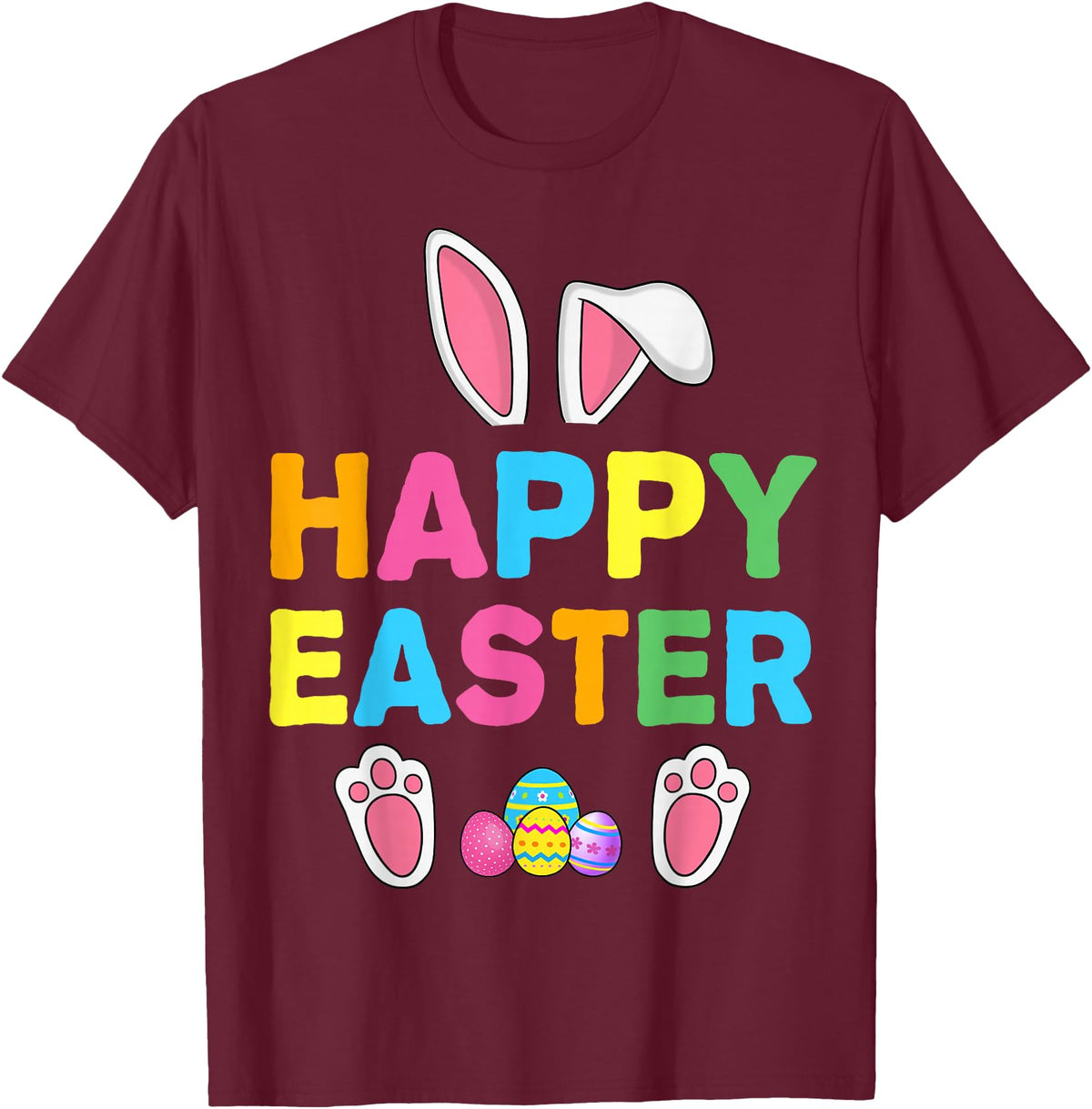 Happy Easter Bunny Rabbit Face Funny Easter Day Women Girls T-Shirt in Burgundy
