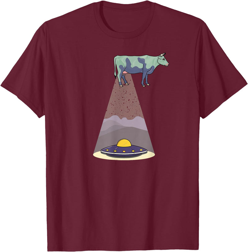 Funny Alien Abduction Cow UFO T-Shirt - Burgundy