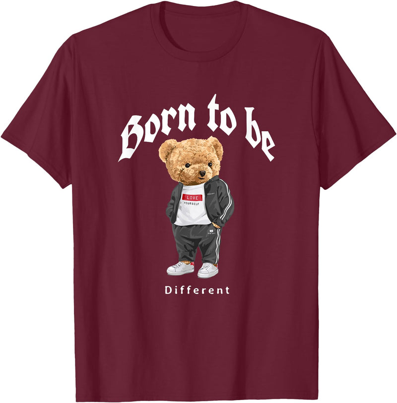Bahaa's Tee Born To Be Different, Cool Teddy Bear Quotes Graphic Designs T-Shirt - Burgundy
