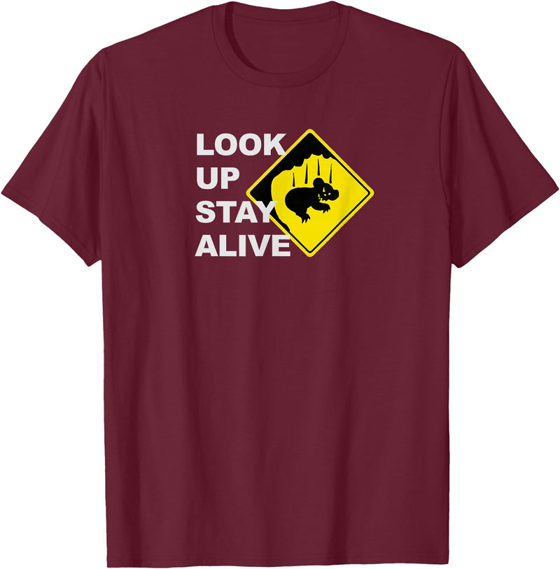 Drop Bear Meme Beware Drop Bears Look Up Stay Alive Funny Aussie TShirt T-Shirt - Burgundy
