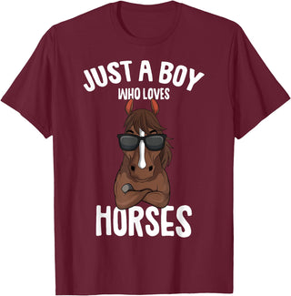 Cute Horse Owner Gifts Just a Boy who Loves Horses Equestrian Horseback Riding Kids T-Shirt - Burgundy