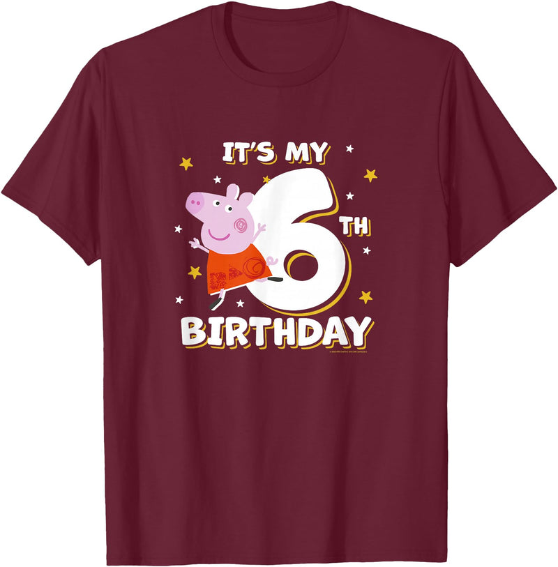 Peppa Pig It's My 6th Birthday Holiday Stars Celebration T-Shirt - Burgundy
