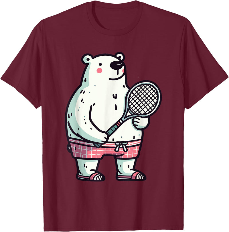 Polar Bear Racket Ball Animal Playing Tennis Polar Bear Tennis Club Animals Sport Tournament T-Shirt - Burgundy