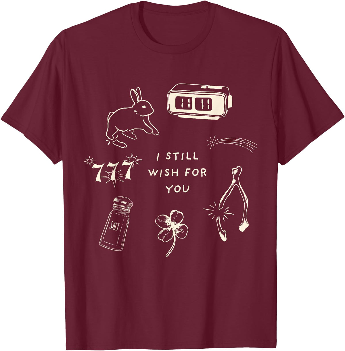 I Still Wish for You Lucky Rabbit 1111 Stars Clover Signs T-Shirt in Burgundy