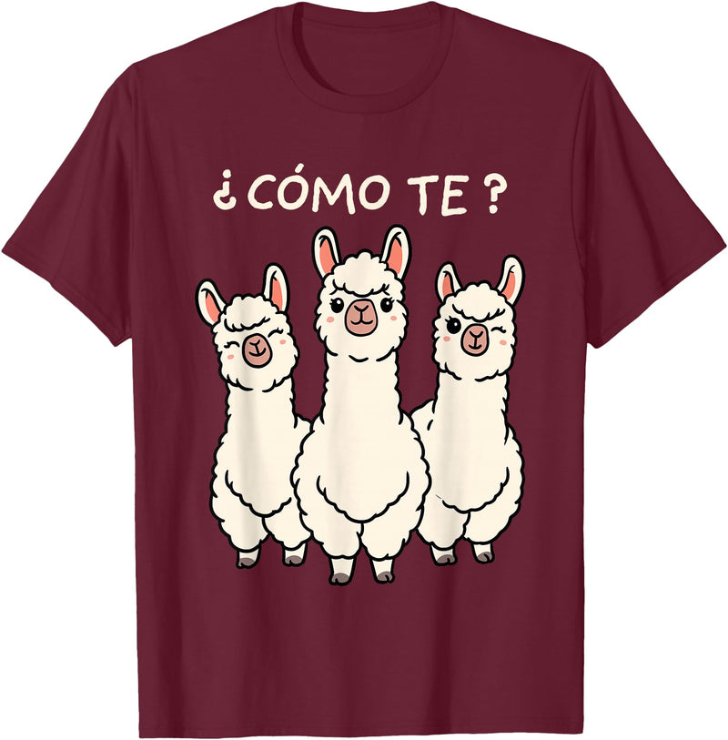 GoshWow Como Te Llamas Shirt Funny Llama Spanish Teacher Joke T-Shirt - Burgundy
