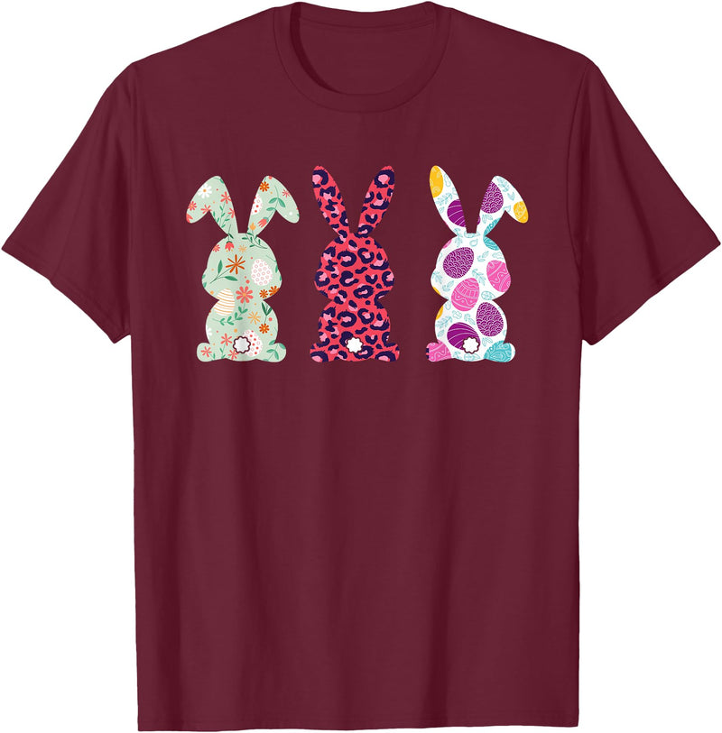 Cute Pink Leopard Eggs Flower Happy Easter Bunny Rabbit T-Shirt in Burgundy
