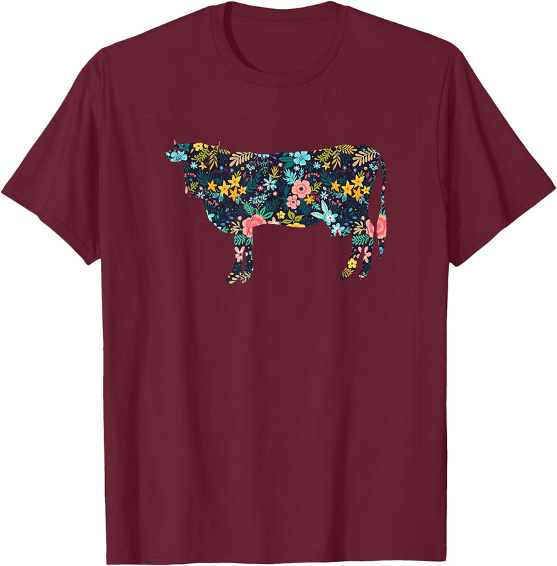 Cow Floral Silhouette Cattle Farm Lover Floral Cow Silhouette Womens Girls Cow Farm Animal T-Shirt - Burgundy