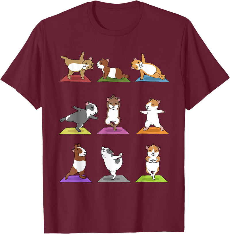 Sporty Animals & Meditating Pets Guinea Pig T-Shirt Funny Guinea Pigs In Yoga Poses Tee T-Shirt - Burgundy