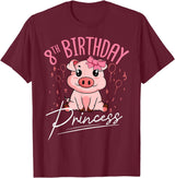 Pig Birthday 8 Cute Piggy Barn Party Apparel Pig 8th Birthday Princess Farm Party Hog Farmer Barnyard T-Shirt - Burgundy